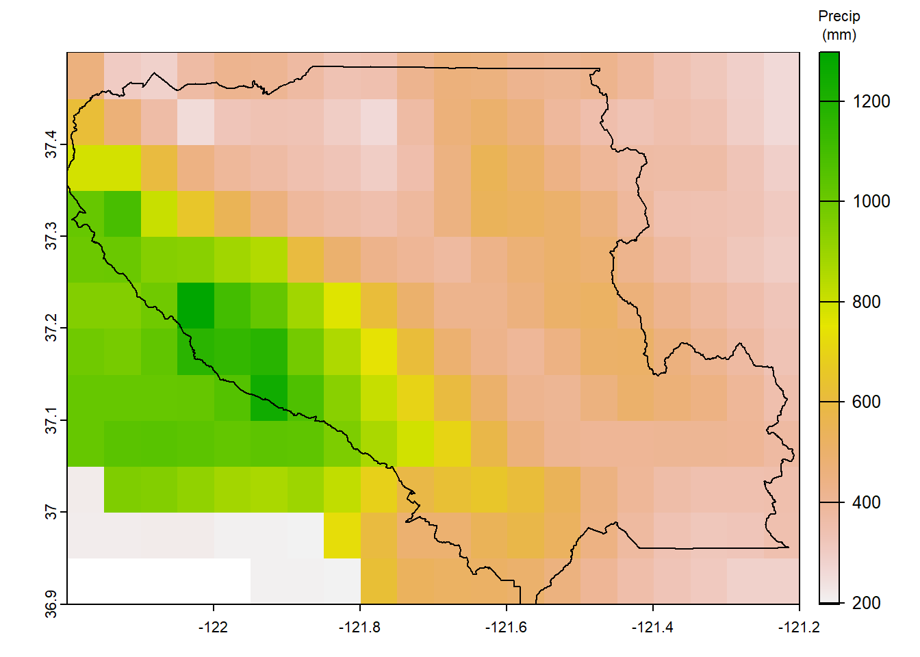 Annual Average Precipitation over Santa Clara County, mm