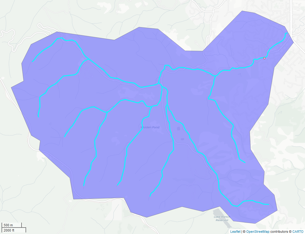 Watershed boundary and nhdplus stream network for USGS gauge 11169500.