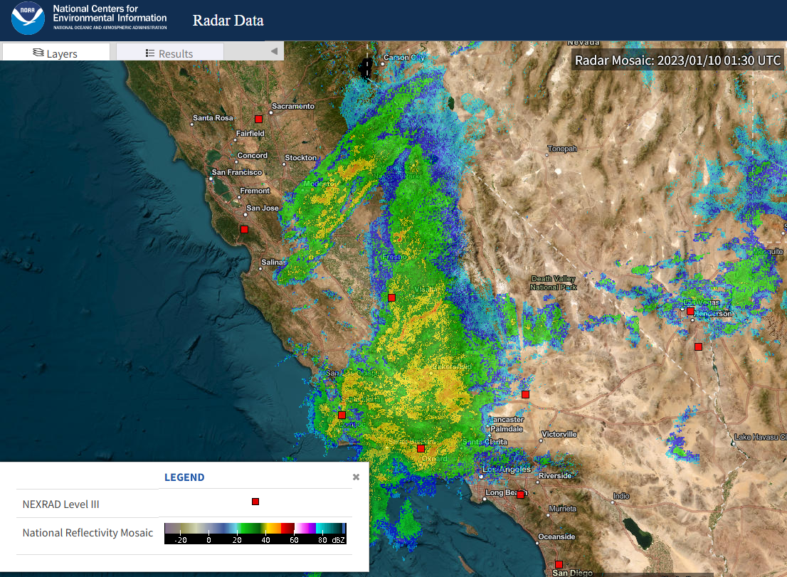 A raw radar image showing reflectivity values. Red squared indicated weather radar locations  (source: NOAA).