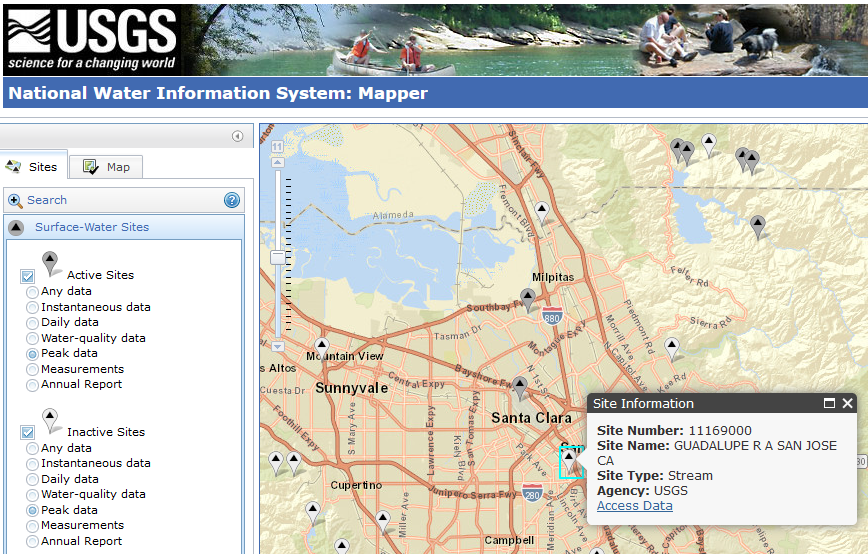 Active and Inactive USGS sites recording peak flows.